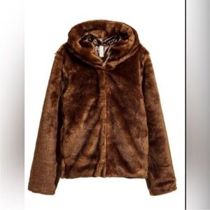 H & M Divided faux fur jacket size 2 brown hooded mobwife cropped swifty